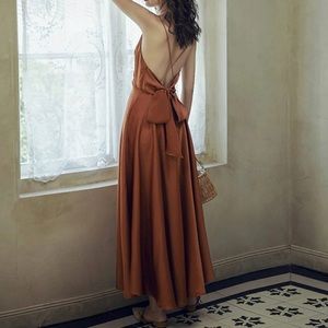 Open Back Burnt Orange Formal Midi Dress
